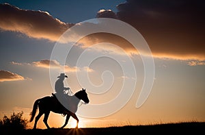 A cowboy on a horse gallops across the prairie against the backdrop of sunset.