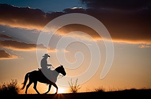 A cowboy on a horse gallops across the prairie against the backdrop of sunset.