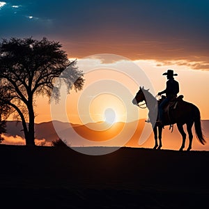 A cowboy on a horse gallops across the prairie against the backdrop of sunset.