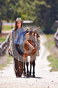 Cowboy, horse or happy woman in portrait or walk together on western ranch in country. Trainer, face or smile by strong