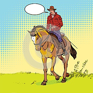 Cowboy on horse. Horsemanship. Cowboy on horse ride vintage vector poster. The world of the wild West.