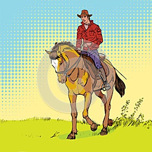 Cowboy on horse. Horsemanship. Cowboy on horse ride vintage vector poster. The world of the wild West.