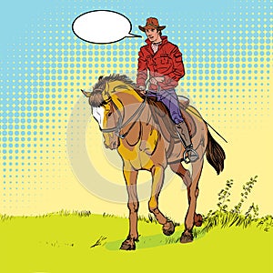 Cowboy on horse. Horsemanship. Cowboy on horse ride vintage vector poster. The world of the wild West. photo