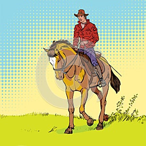 Cowboy on horse. Horsemanship. Cowboy on horse ride vintage vector poster. The world of the wild West. photo