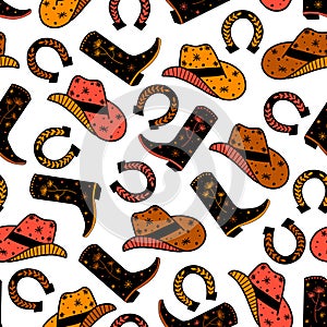 Cowboy Horse Ranch seamless vector pattern. Cowboy boots, hat, horseshoe repeating background. Wild West surface pattern