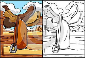 Cowboy Horse Riding Saddle Coloring Illustration