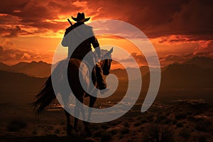 Cowboy on horse at sunset in the American West horseback at sunset Generative AI