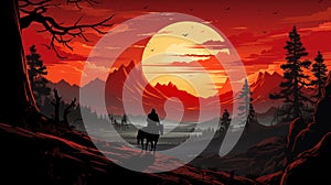 cowboy on a horse on the sunset background