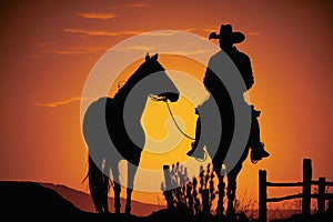 Cowboy on horse and sunset silhouette. AI Generated