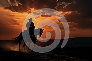 Cowboy on horseback a Wrangler rides into the golden hues of the sunset