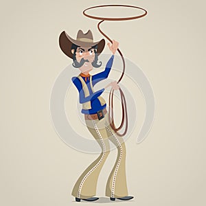 Cowboy with lasso. Funny cartoon character.