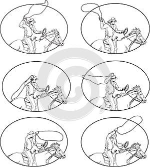 Cowboy Lasso Riding Horse Drawing Collection Set