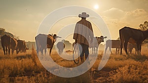 Cowboy leading cattle in a field at sunrise, a farmer's early morning. Generative AI