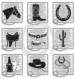 Cowboy life elements .Vector black silhouettes