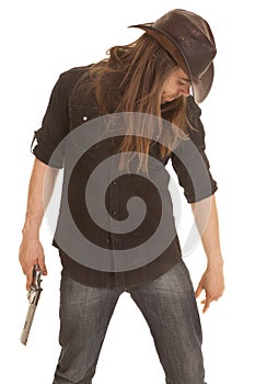 Cowboy long hair hold pistol look down