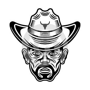 Cowboy man head with bristle in hat vector character illustration in vintage monochrome style isolated on white