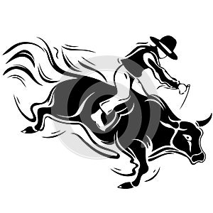 cowboy man riding a bull at a rodeo bull riding black and white silhouette