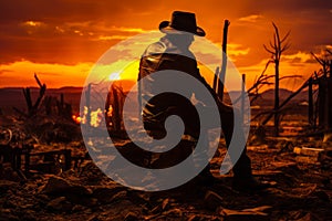 Cowboy man in wild west desert sunset. Silhouette on horsebackat evening. Generative AI