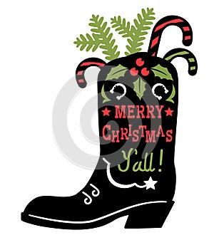 Cowboy Merry Christmas. Vector printable illustration with Cowboy Country boot silhouette and holiday text isolated on white