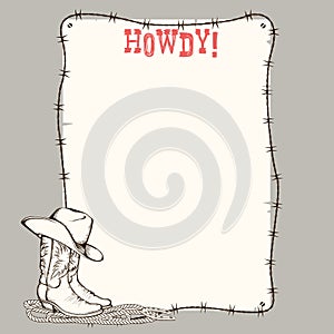 Cowboy paper background with western boots and hat for text photo