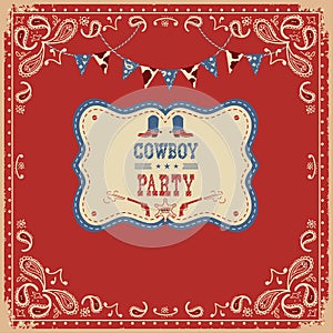 Cowboy party card with text and decorations