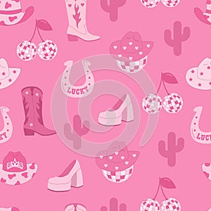Cowboy party. Disco ball and shoes. Lucky. Seamless pattern. Y2K pink core. Vector