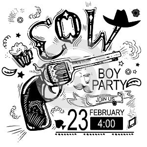 Cowboy party invitation.Black and white