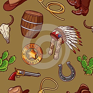 Cowboy pattern. Wild West background with boots and hats. Hand drawn retro western shoes. Lasso rope. Sheriff star