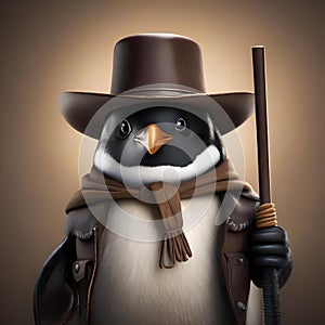 A cowboy penguin with a ten-gallon hat, boots, and a lasso on the open range2