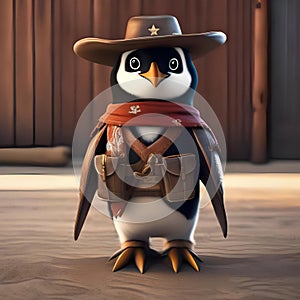 A cowboy penguin with a ten-gallon hat, boots, and a lasso on the open range3