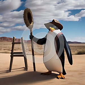 A cowboy penguin with a ten-gallon hat, boots, and a lasso on the open range5