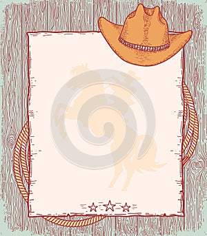Cowboy poster background for text. Vector hand drawn vintage illustration with Western Cowboy hat and lasso on the wooden texture