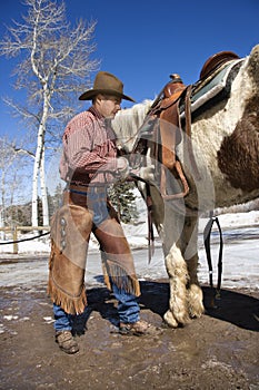 Cowboy Putting Saddle on Horse