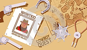 Cowboy quest, Wild West game, sheriff star and American western symbols, vector illustration