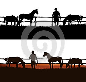 Cowboy rancher and grazing horse herd vector silhouette outline