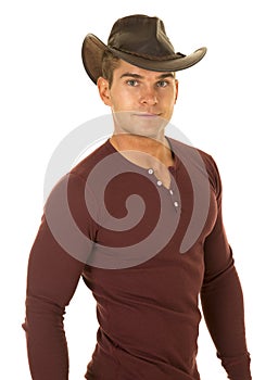 Cowboy red shirt look serious