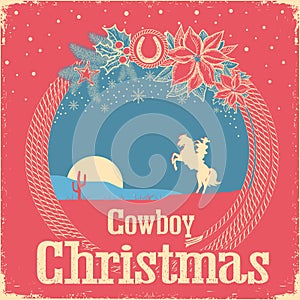 Cowboy retro Christmas card with cowboy lasso and holiday decoration