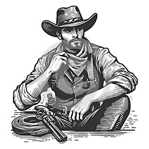 Cowboy with Revolver engraving vector illustration