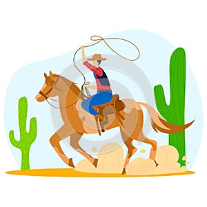 Cowboy ride wild horse, vector illustration. West rodeo male in cartoon hat with lasso rope. Western animal rider at