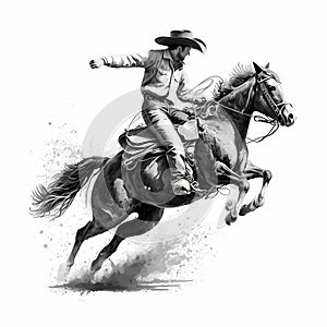 Cowboy Rider A Bucking Black And White. Generative AI
