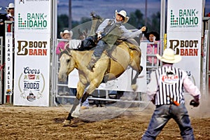A cowboy rides a bucking bronco at the Warbonnet Roundup Rodeo