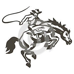 Cowboy rides a bucking bronco in a rodeo performance - vector illustration