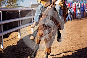 Cowboy Riding A Bucking Bronc Horse At A Country Rodeo