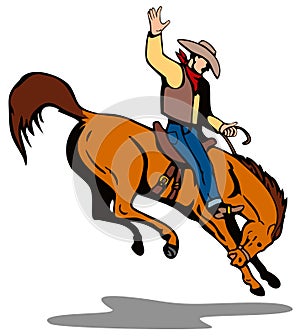 Cowboy riding a bucking bronco photo