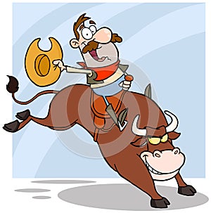 Cowboy Riding Bull In Rodeo