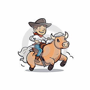 Cowboy riding a bull. Rodeo. Cowboy riding a bull hand-drawn comic illustration. Vector doodle style cartoon illustration