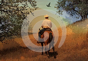 A cowboy riding his horse on a mountain trail with oak trees.