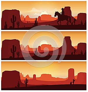 Cowboy riding horse against sunset background. Wild western silhouettes banners