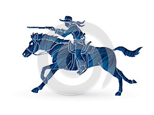 Cowboy riding horse,aiming rifle action graphic vector