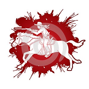 Cowboy riding horse,aiming rifle action graphic vector